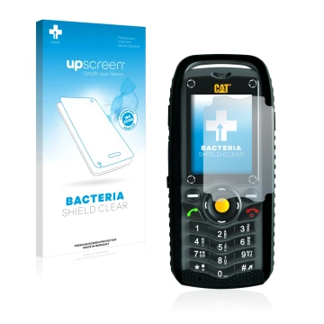 Parte frontal de un envase de producto con el logotipo de la marca upscreen. Al lado se muestra el dispositivo Caterpillar Cat
