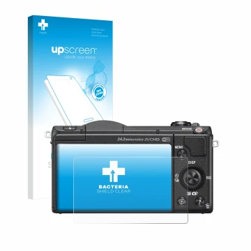 Parte frontal de un envase de producto con el logotipo de la marca upscreen. Al lado se muestra el dispositivo Sony Alpha 5100