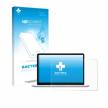 Parte frontal de un envase de producto con el logotipo de la marca upscreen. Al lado se muestra el dispositivo Apple MacBook P