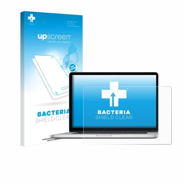 Parte frontal de un envase de producto con el logotipo de la marca upscreen. Al lado se muestra el dispositivo Apple MacBook P
