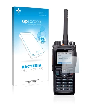 Parte frontal de un envase de producto con el logotipo de la marca upscreen. Al lado se muestra el dispositivo Hytera PD785 co