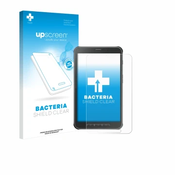 Parte frontal de un envase de producto con el logotipo de la marca upscreen. Al lado se muestra el dispositivo Samsung Galaxy 