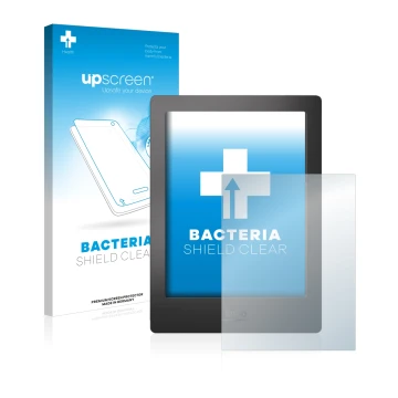 Parte frontal de un envase de producto con el logotipo de la marca upscreen. Al lado se muestra el dispositivo Kobo Aura H2O c