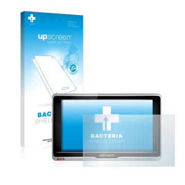 Parte frontal de un envase de producto con el logotipo de la marca upscreen. Al lado se muestra el dispositivo Becker Professi