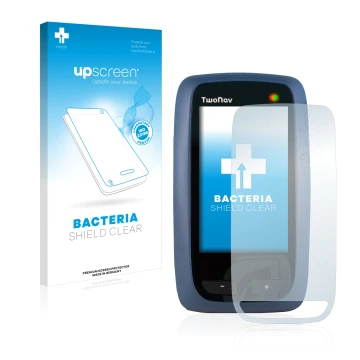 Parte frontal de un envase de producto con el logotipo de la marca upscreen. Al lado se muestra el dispositivo CompeGPS TwoNav