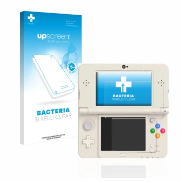 Parte frontal de un envase de producto con el logotipo de la marca upscreen. Al lado se muestra el dispositivo Nintendo New 3D