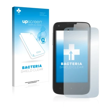 Parte frontal de un envase de producto con el logotipo de la marca upscreen. Al lado se muestra el dispositivo Prestigio Multi