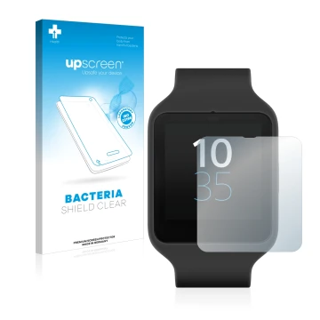 Parte frontal de un envase de producto con el logotipo de la marca upscreen. Al lado se muestra el dispositivo Sony Smartwatch
