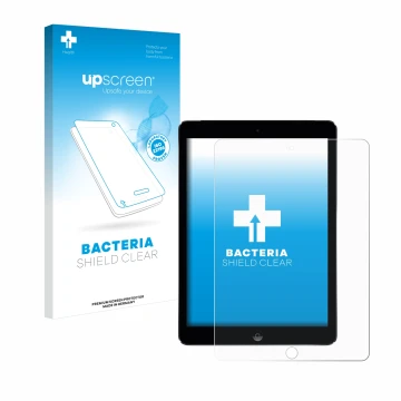 Parte frontal de un envase de producto con el logotipo de la marca upscreen. Al lado se muestra el dispositivo Apple iPad Air 