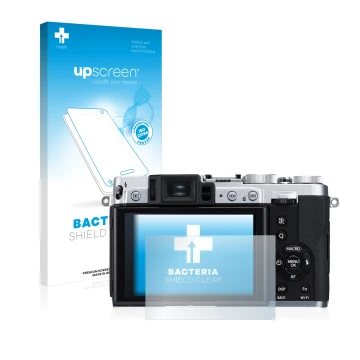 Parte frontal de un envase de producto con el logotipo de la marca upscreen. Al lado se muestra el dispositivo Fujifilm X30 co