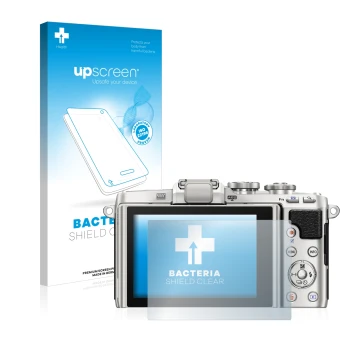 Parte frontal de un envase de producto con el logotipo de la marca upscreen. Al lado se muestra el dispositivo Olympus PEN E-P