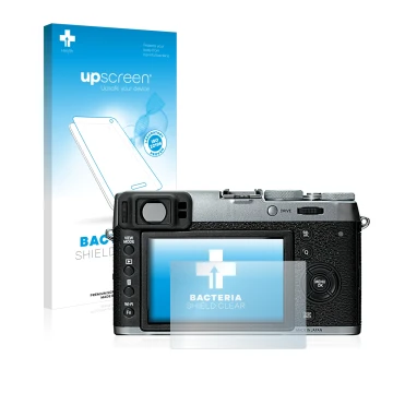 Parte frontal de un envase de producto con el logotipo de la marca upscreen. Al lado se muestra el dispositivo Fujifilm X100T 
