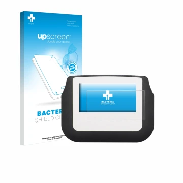 Parte frontal de un envase de producto con el logotipo de la marca upscreen. Al lado se muestra el dispositivo Signotec Signat