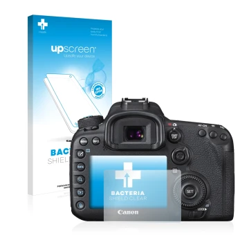 Parte frontal de un envase de producto con el logotipo de la marca upscreen. Al lado se muestra el dispositivo Canon EOS 7D Ma