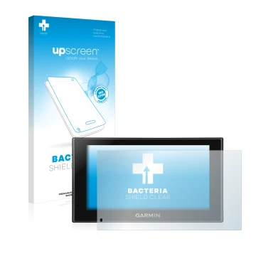 Parte frontal de un envase de producto con el logotipo de la marca upscreen. Al lado se muestra el dispositivo Garmin nüvi 269