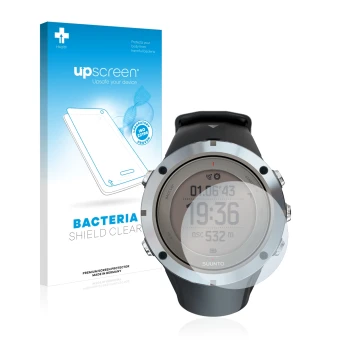 Parte frontal de un envase de producto con el logotipo de la marca upscreen. Al lado se muestra el dispositivo Suunto Ambit3 P