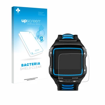 Parte frontal de un envase de producto con el logotipo de la marca upscreen. Al lado se muestra el dispositivo Garmin Forerunn