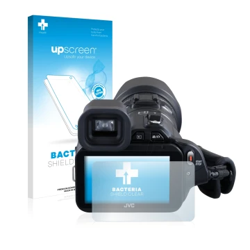 Parte frontal de un envase de producto con el logotipo de la marca upscreen. Al lado se muestra el dispositivo JVC GC-PX100BEU