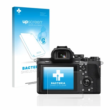 Parte frontal de un envase de producto con el logotipo de la marca upscreen. Al lado se muestra el dispositivo Sony Alpha 7 II