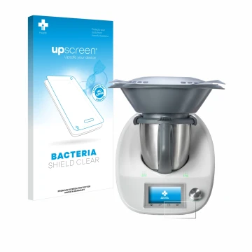Parte frontal de un envase de producto con el logotipo de la marca upscreen. Al lado se muestra el dispositivo Vorwerk Thermom