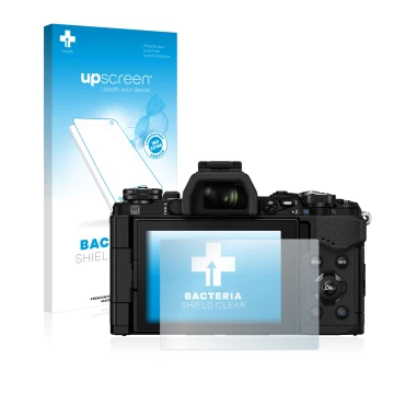Parte frontal de un envase de producto con el logotipo de la marca upscreen. Al lado se muestra el dispositivo Olympus OM-D E-