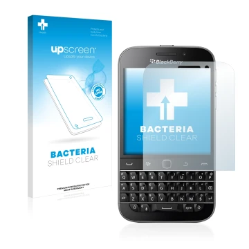 Parte frontal de un envase de producto con el logotipo de la marca upscreen. Al lado se muestra el dispositivo Blackberry Clas