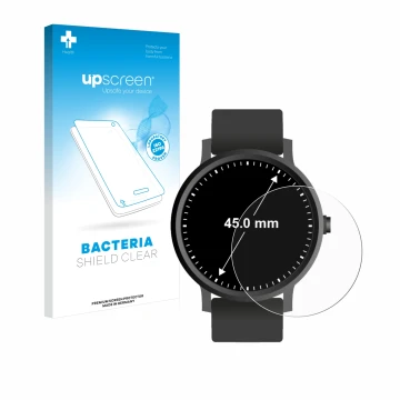 Parte frontal de un envase de producto con el logotipo de la marca upscreen. Al lado se muestra el dispositivo Relojes (Circul