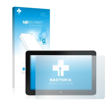 Parte frontal de un envase de producto con el logotipo de la marca upscreen. Al lado se muestra el dispositivo Dell Venue 11 P
