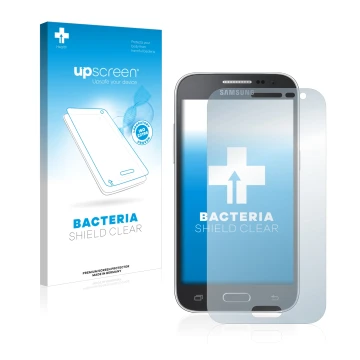 Parte frontal de un envase de producto con el logotipo de la marca upscreen. Al lado se muestra el dispositivo Samsung Galaxy 
