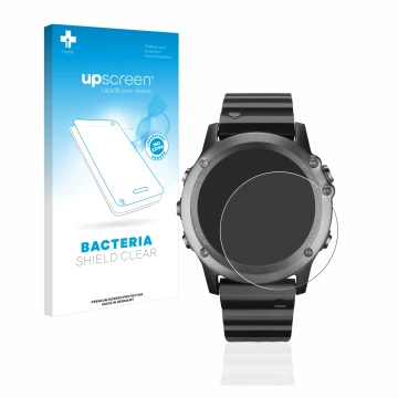 Parte frontal de un envase de producto con el logotipo de la marca upscreen. Al lado se muestra el dispositivo Garmin Fenix 3 