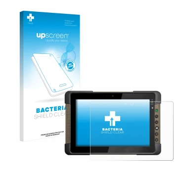 Parte frontal de un envase de producto con el logotipo de la marca upscreen. Al lado se muestra el dispositivo Getac T800 con 