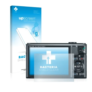 Parte frontal de un envase de producto con el logotipo de la marca upscreen. Al lado se muestra el dispositivo Canon PowerShot