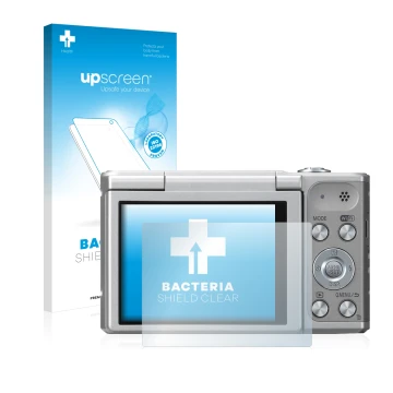 Parte frontal de un envase de producto con el logotipo de la marca upscreen. Al lado se muestra el dispositivo Panasonic Lumix