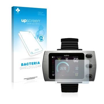 Parte frontal de un envase de producto con el logotipo de la marca upscreen. Al lado se muestra el dispositivo Suunto Eon Stee