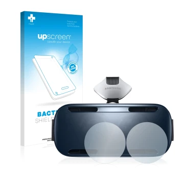 Parte frontal de un envase de producto con el logotipo de la marca upscreen. Al lado se muestra el dispositivo Samsung Gear VR