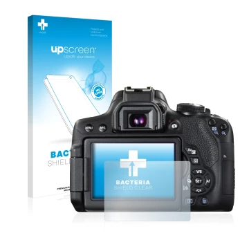 Parte frontal de un envase de producto con el logotipo de la marca upscreen. Al lado se muestra el dispositivo Canon EOS 750D 