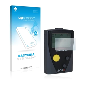Parte frontal de un envase de producto con el logotipo de la marca upscreen. Al lado se muestra el dispositivo Swissphone Boss