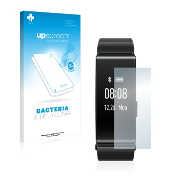 Parte frontal de un envase de producto con el logotipo de la marca upscreen. Al lado se muestra el dispositivo Huawei TalkBand