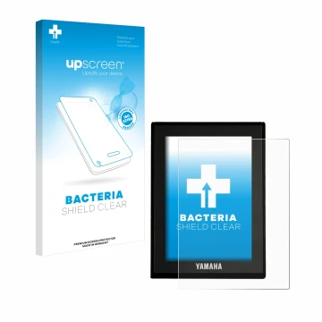 Parte frontal de un envase de producto con el logotipo de la marca upscreen. Al lado se muestra el dispositivo Yamaha LCD Disp