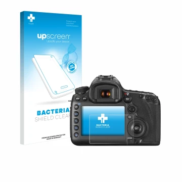 Parte frontal de un envase de producto con el logotipo de la marca upscreen. Al lado se muestra el dispositivo Canon EOS 5DS R