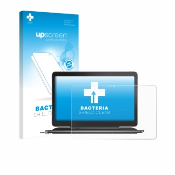 Parte frontal de un envase de producto con el logotipo de la marca upscreen. Al lado se muestra el dispositivo Dell Latitude 1