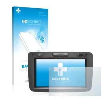 Parte frontal de un envase de producto con el logotipo de la marca upscreen. Al lado se muestra el dispositivo Dacia Media Nav