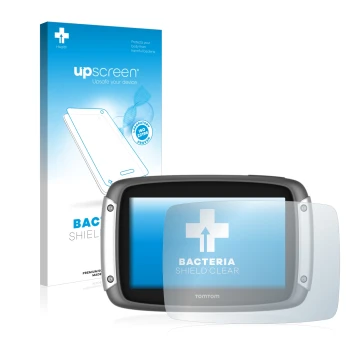 Parte frontal de un envase de producto con el logotipo de la marca upscreen. Al lado se muestra el dispositivo TomTom Rider 40