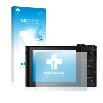 Parte frontal de un envase de producto con el logotipo de la marca upscreen. Al lado se muestra el dispositivo Sony Cyber-Shot