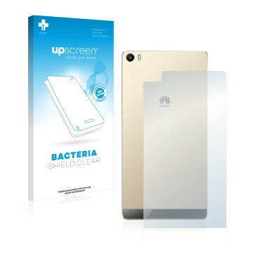 Parte frontal de un envase de producto con el logotipo de la marca upscreen. Al lado se muestra el dispositivo Huawei P8 Max (