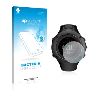 Parte frontal de un envase de producto con el logotipo de la marca upscreen. Al lado se muestra el dispositivo Suunto Ambit3 R