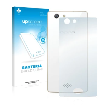 Parte frontal de un envase de producto con el logotipo de la marca upscreen. Al lado se muestra el dispositivo Oppo A31 2015 (