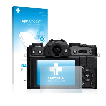 Parte frontal de un envase de producto con el logotipo de la marca upscreen. Al lado se muestra el dispositivo Fujifilm X-T10 