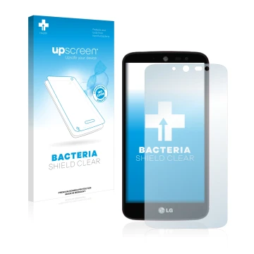 Parte frontal de un envase de producto con el logotipo de la marca upscreen. Al lado se muestra el dispositivo LG AKA con su p