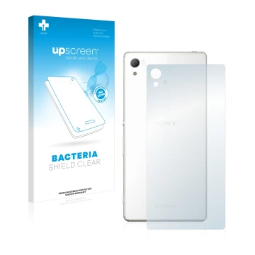 Parte frontal de un envase de producto con el logotipo de la marca upscreen. Al lado se muestra el dispositivo Sony Xperia Z4 